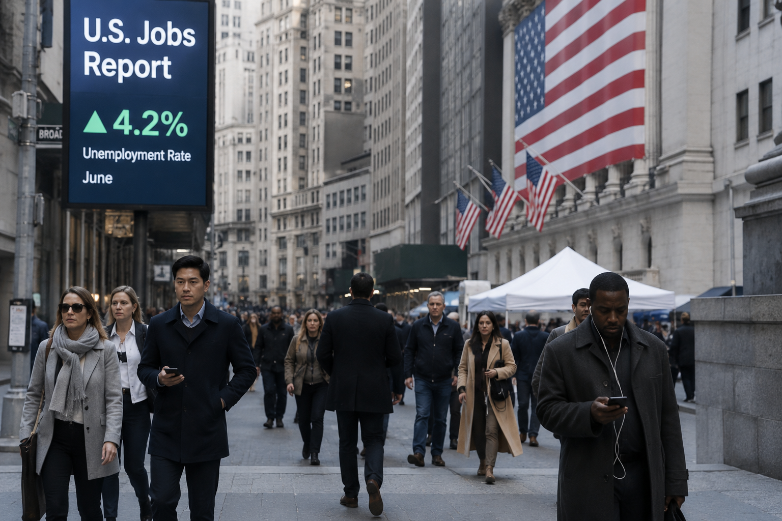 Business professionals in a downtown financial district representing the U.S. labor market and economy.