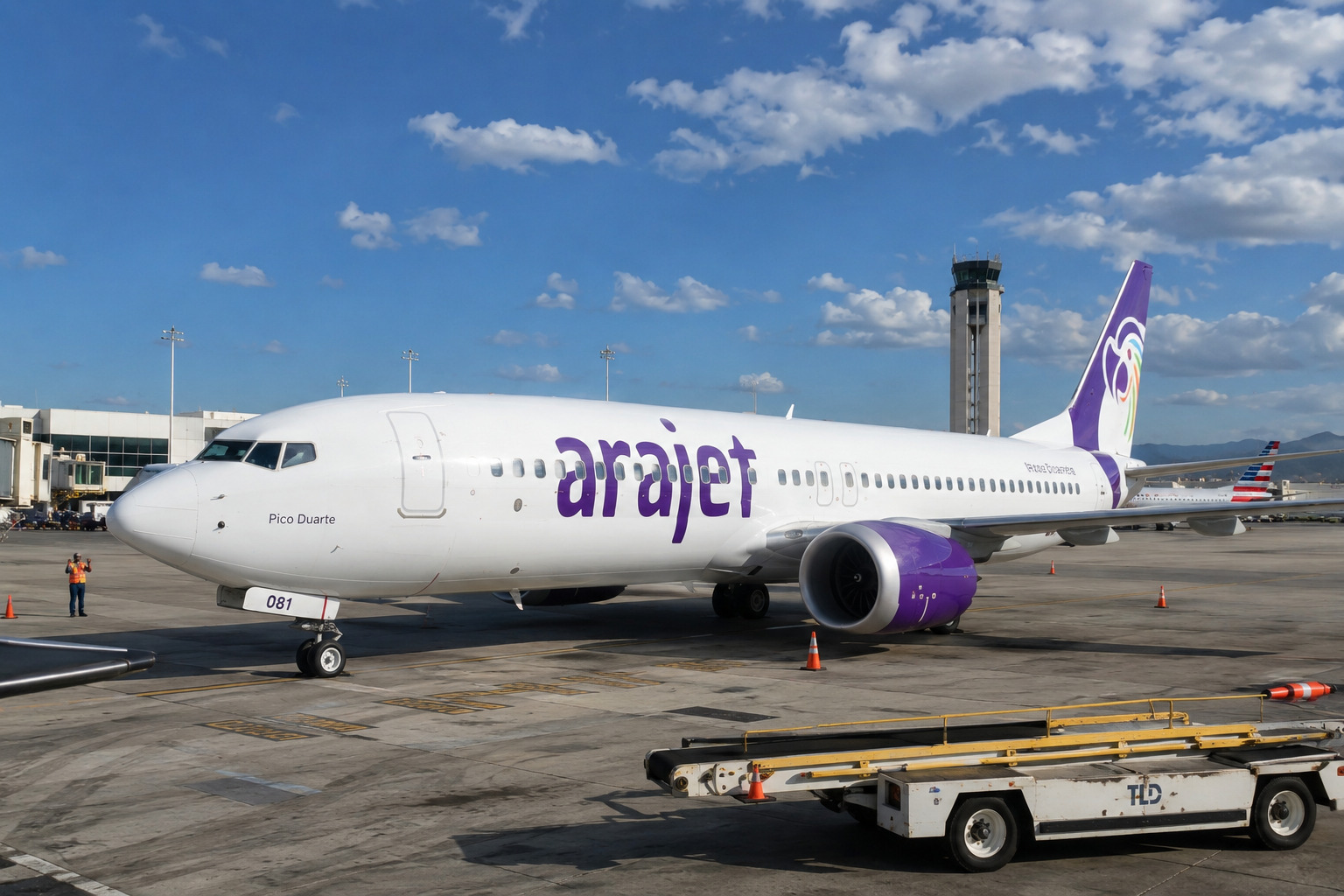 An Arajet passenger aircraft parked at an airport representing the airline's new international route.