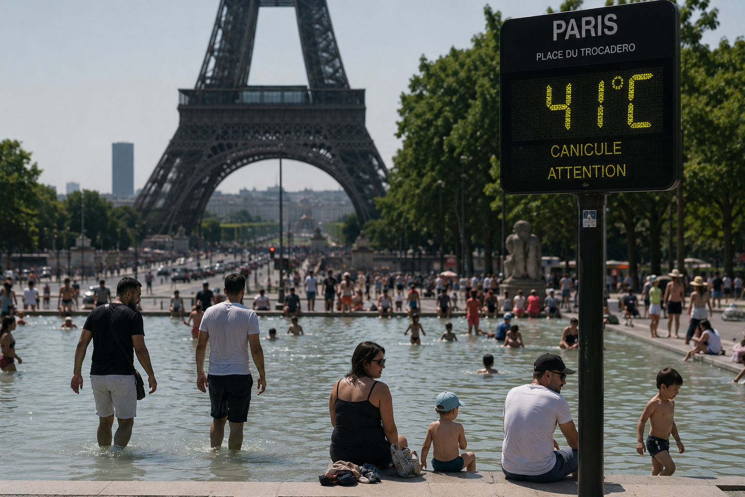 Pedestrians walk through a European city during an intense summer heat wave while temperatures remain at record levels.