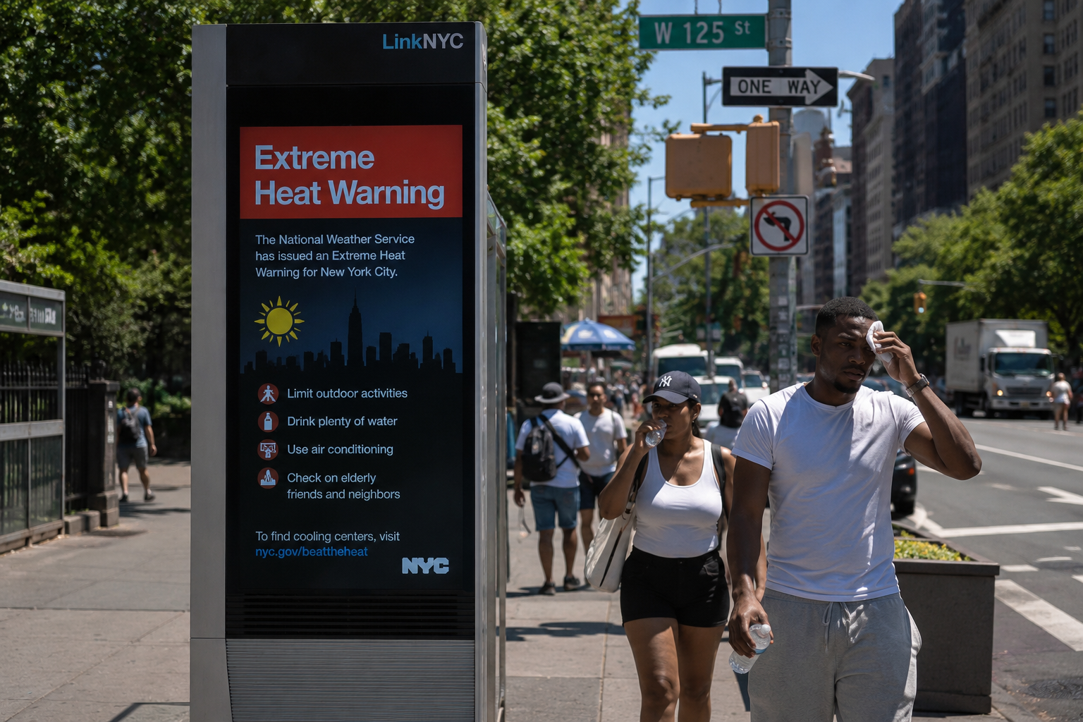 Pedestrians walk through Manhattan during an extreme heat warning as temperatures remain unusually high.