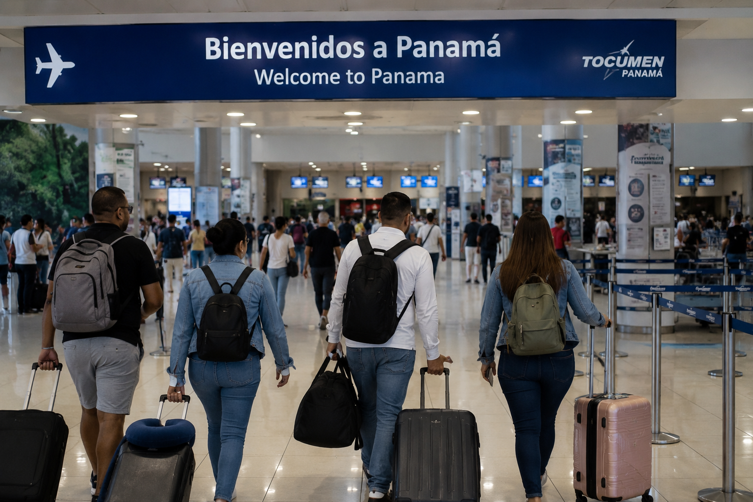 Travelers walk through a modern international airport terminal representing easier travel between the Dominican Republic and Panama.