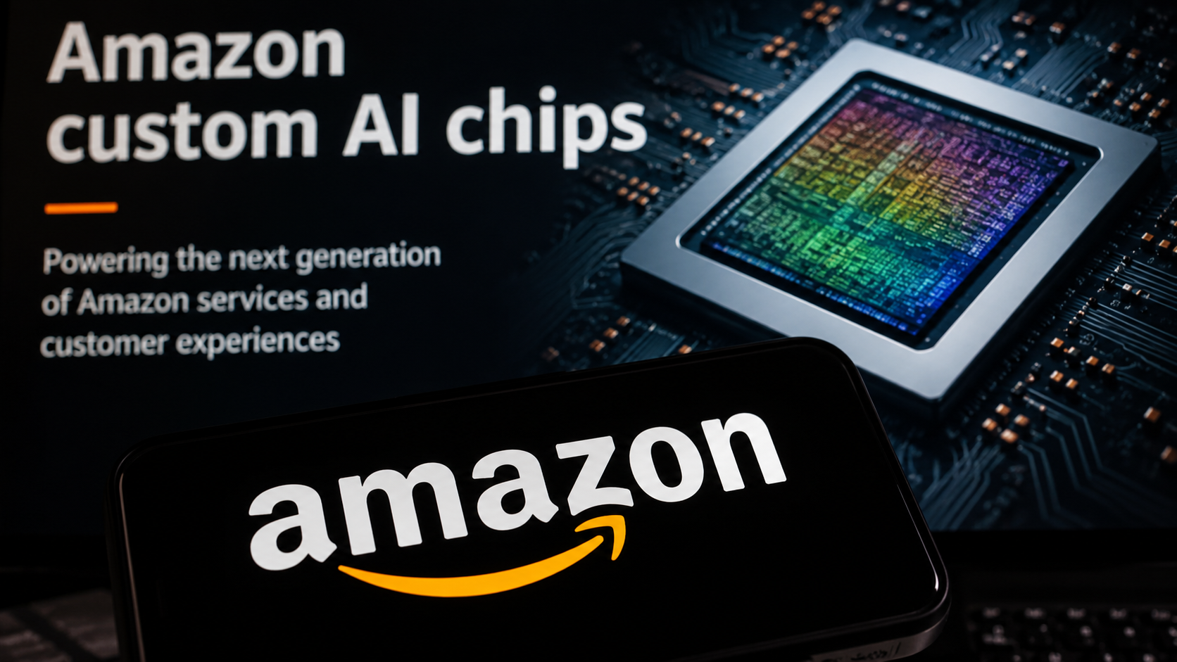 An Amazon-themed technology display representing the development of custom AI processors for next-generation consumer devices.