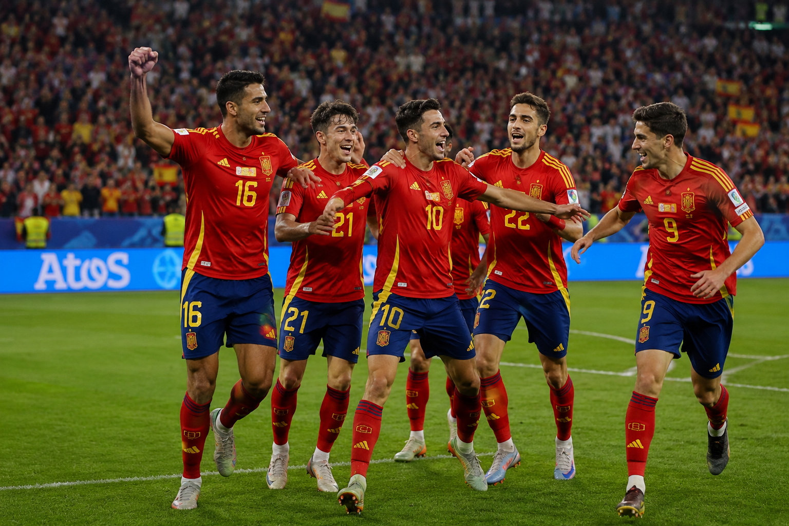 Spain's national football team celebrates on the field after defeating Austria 3–0 in a FIFA World Cup match.