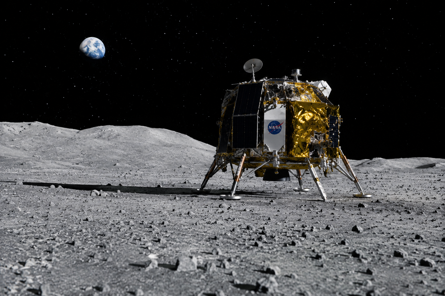 Illustration of a robotic spacecraft conducting scientific research on the Moon under NASA's new lunar exploration program.