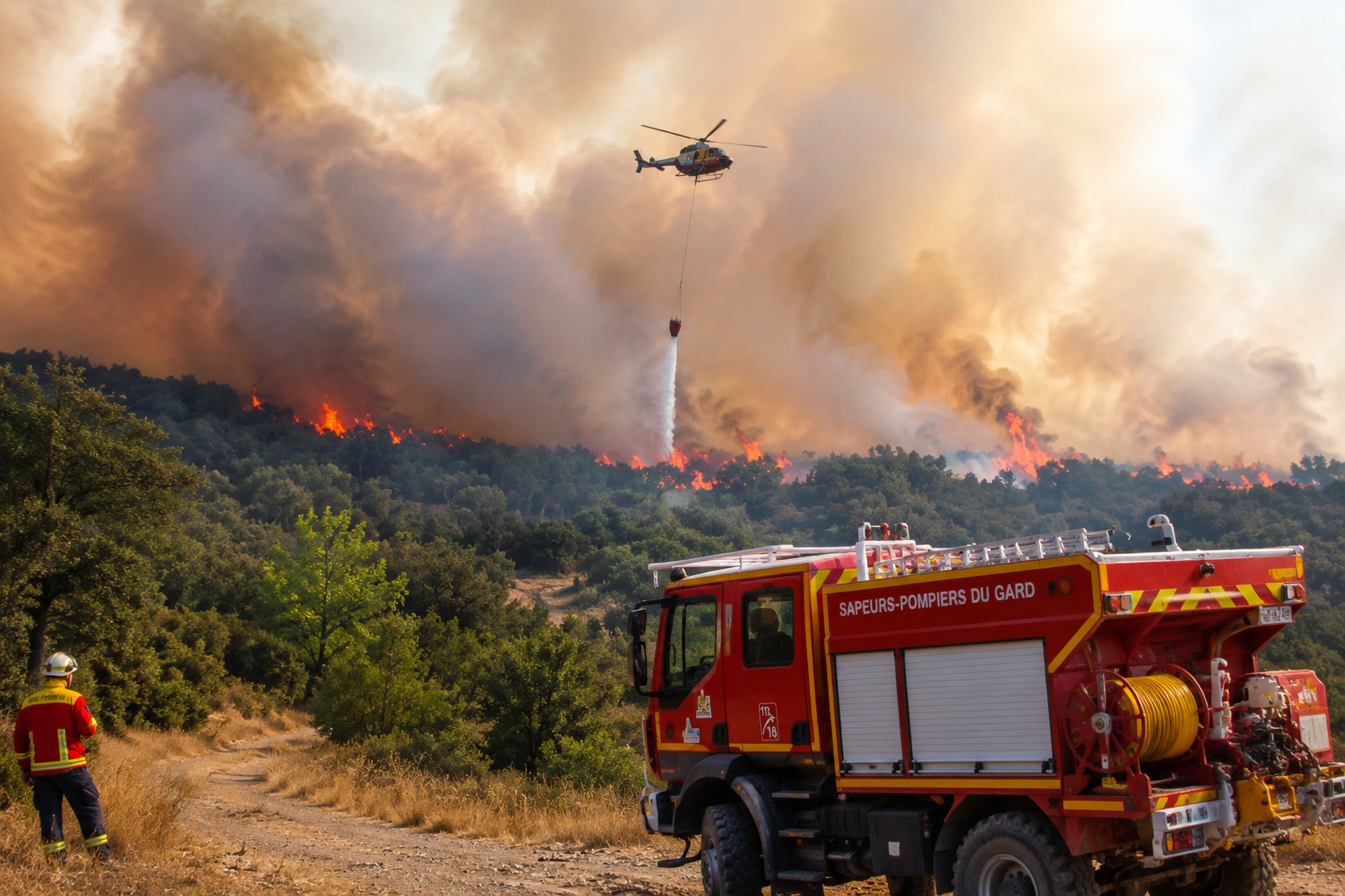 Firefighters respond to a large wildfire in southern France as smoke rises above dry forested hills.
