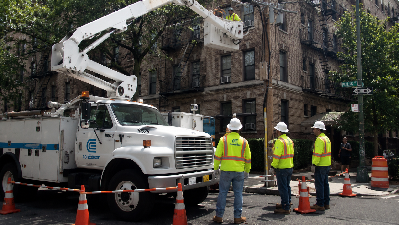 Utility workers inspect electrical infrastructure in the Bronx during an extreme heat event while Con Edison asks customers to conserve energy.