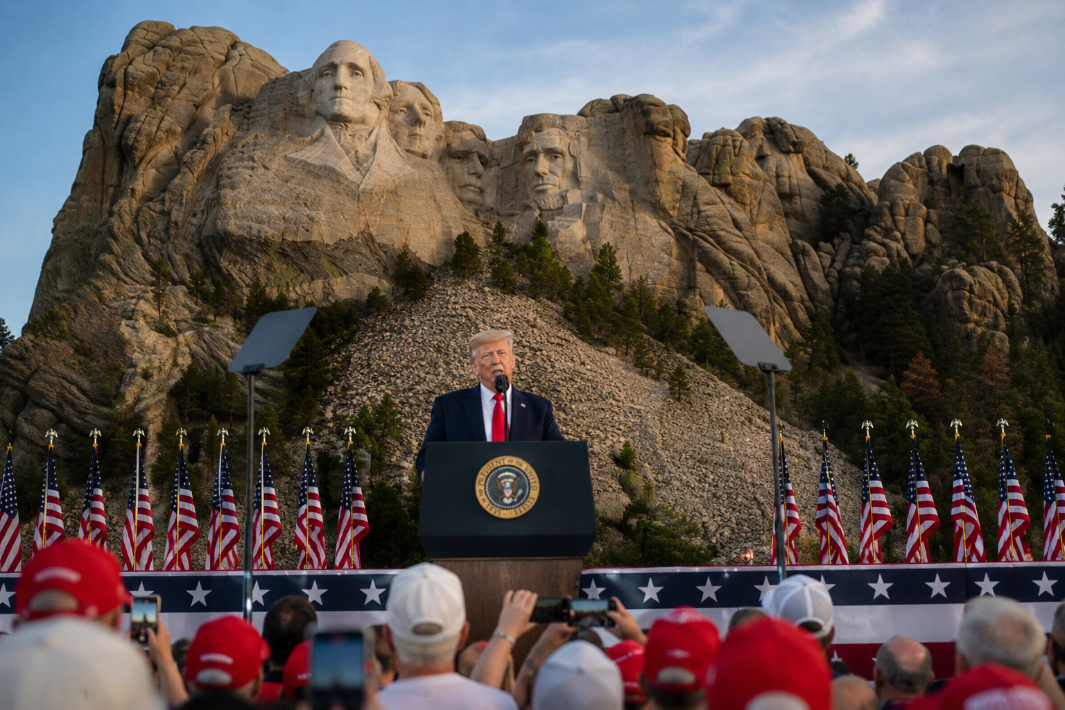 President Donald Trump delivering a speech at Mount Rushmore during the United States' 250th anniversary celebration.