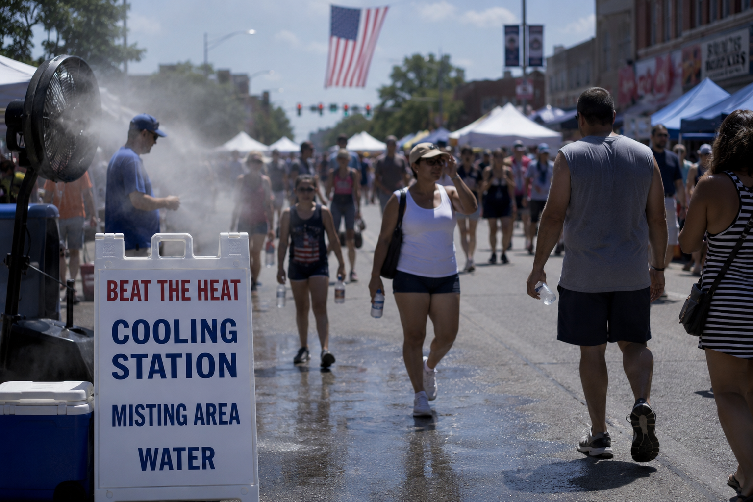 Visitors using umbrellas and cooling stations during Fourth of July celebrations amid extreme heat in the eastern United States.