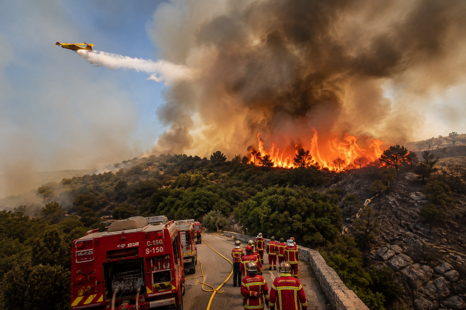 Emergency crews and firefighting aircraft respond to a large wildfire burning through dry forest terrain in southern France.