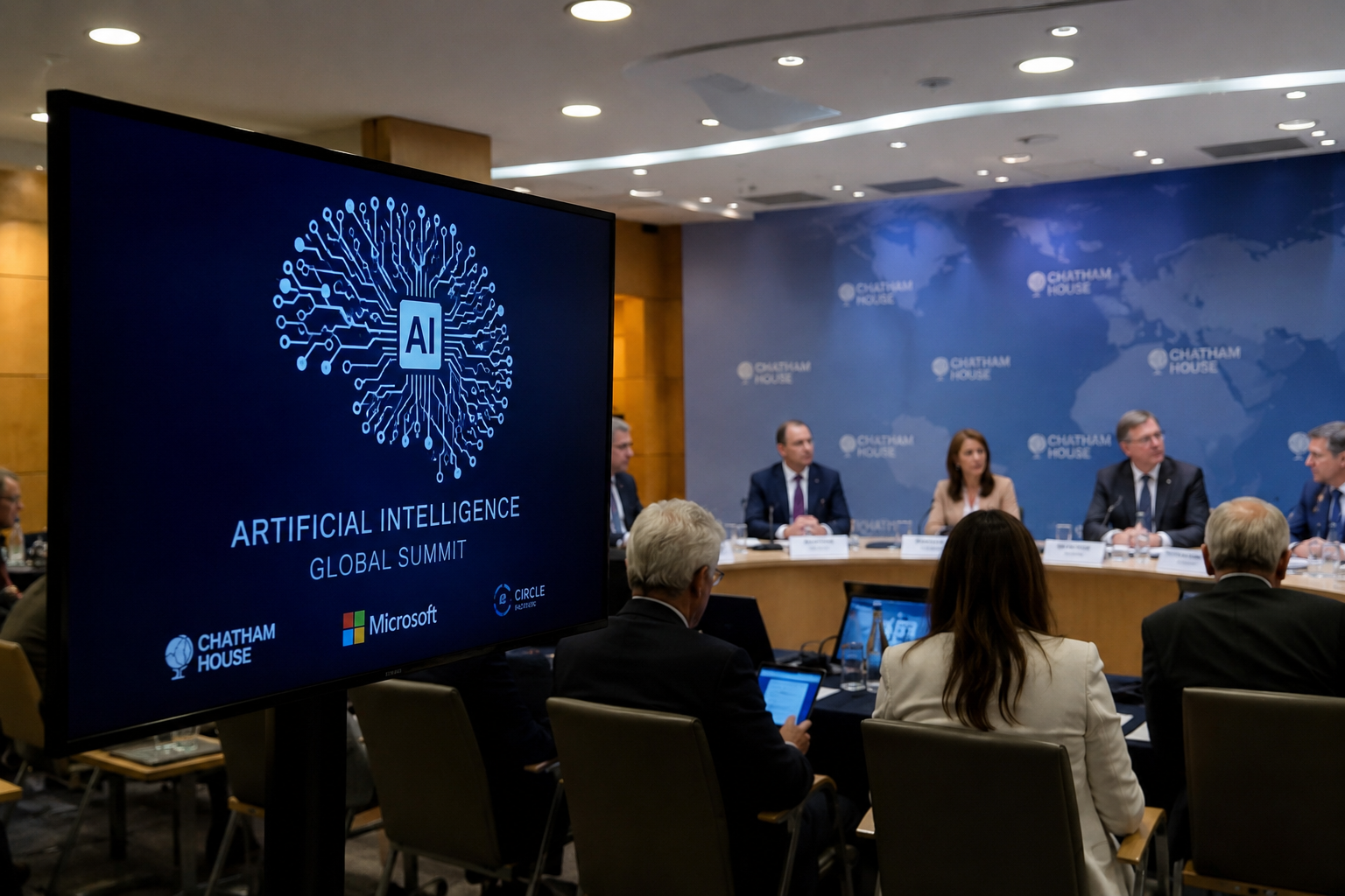 Pantallas con gráficos de inteligencia artificial durante una conferencia tecnológica sobre regulación y desarrollo responsable de la IA.