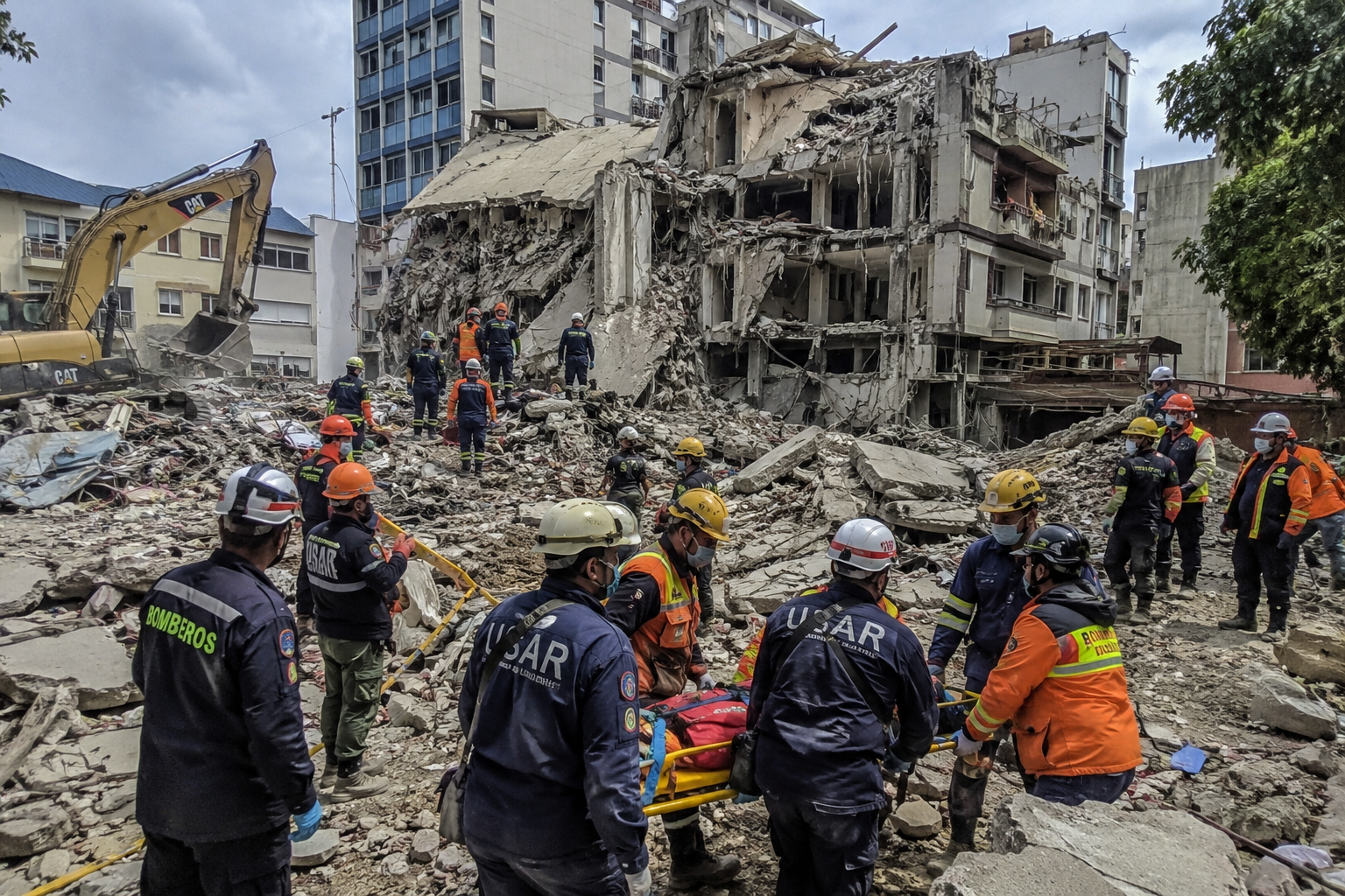 Rescue workers operating near collapsed buildings in Venezuela during ongoing earthquake recovery efforts.