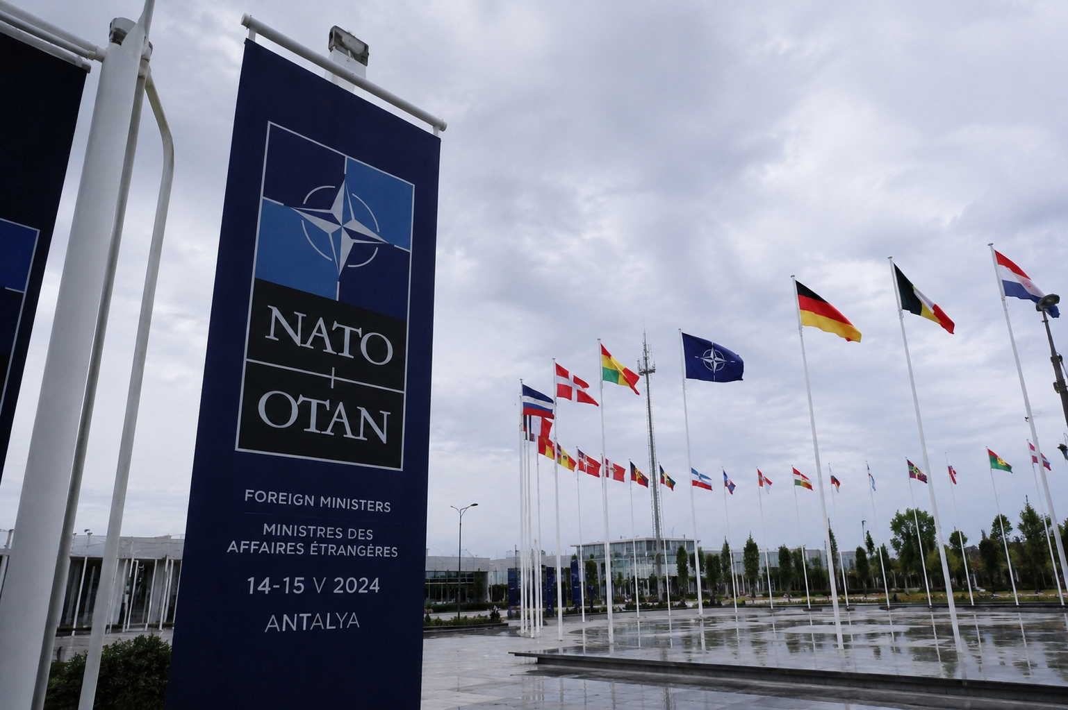 NATO and Turkish flags outside a venue in Ankara ahead of the NATO leaders' summit.