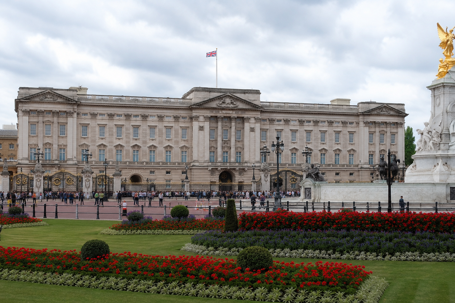 Buckingham Palace in London during daylight with visitors gathered outside its gates.