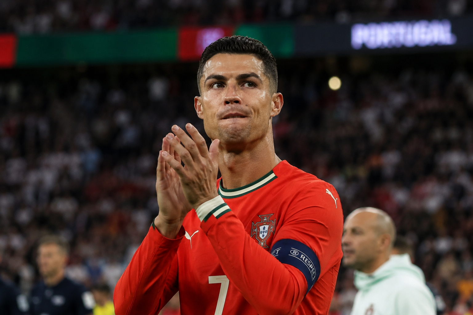 Cristiano Ronaldo applauding fans during the 2026 FIFA World Cup while representing Portugal.