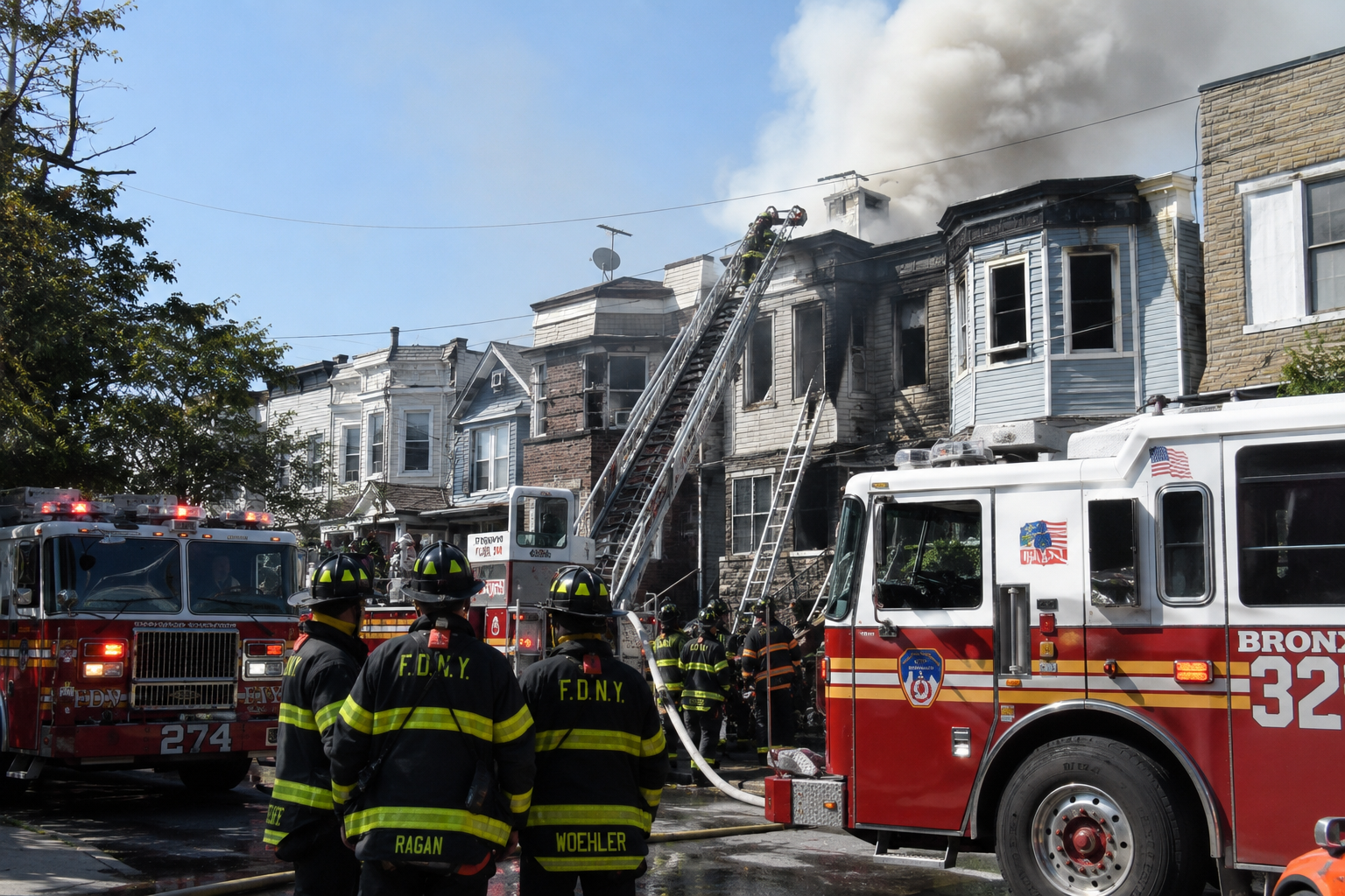 Bomberos del FDNY trabajando para controlar un incendio de cuatro alarmas en dos viviendas de Fordham, El Bronx.