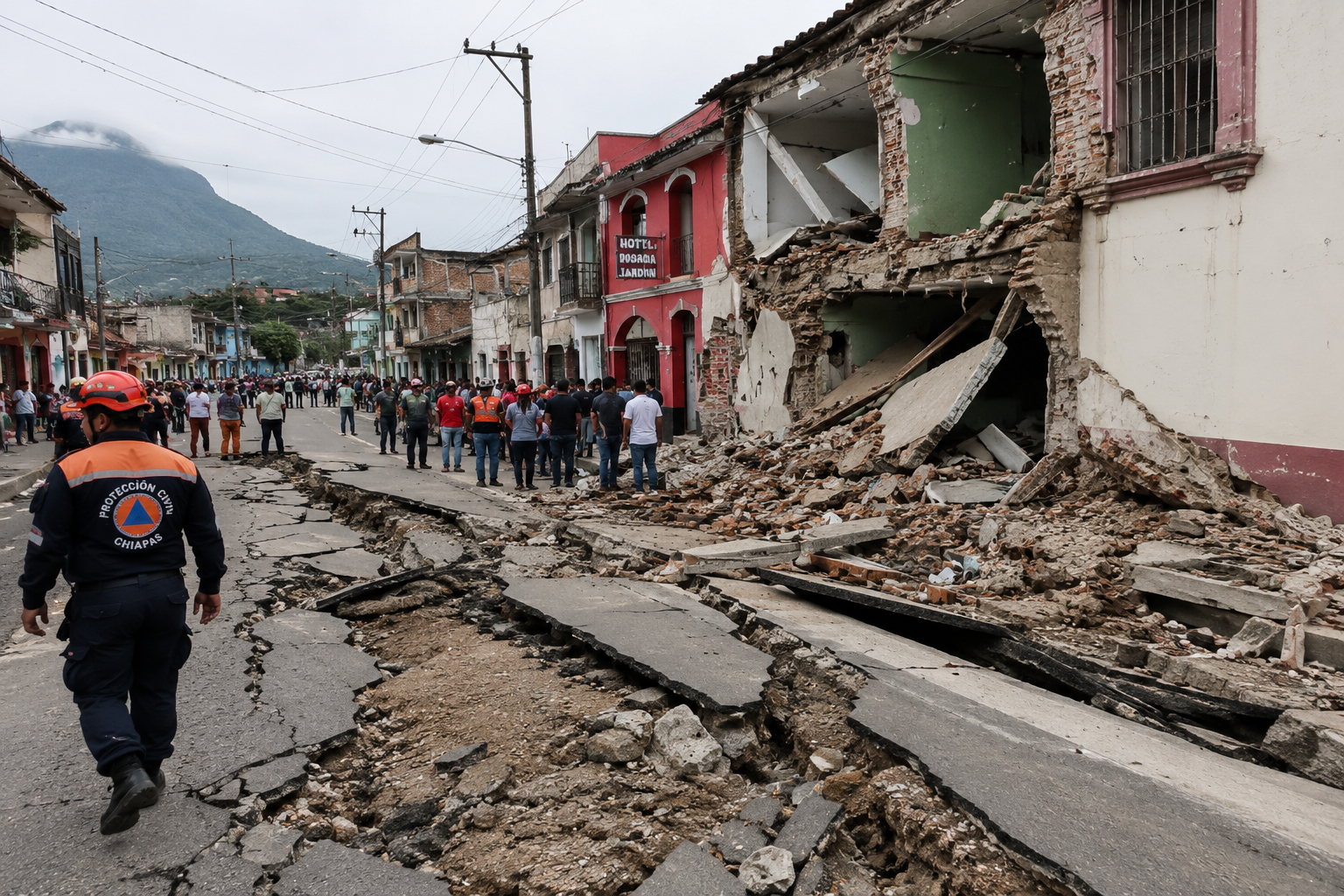 Emergency responders inspecting damage after a 7.3-magnitude earthquake near the Mexico–Guatemala border.
