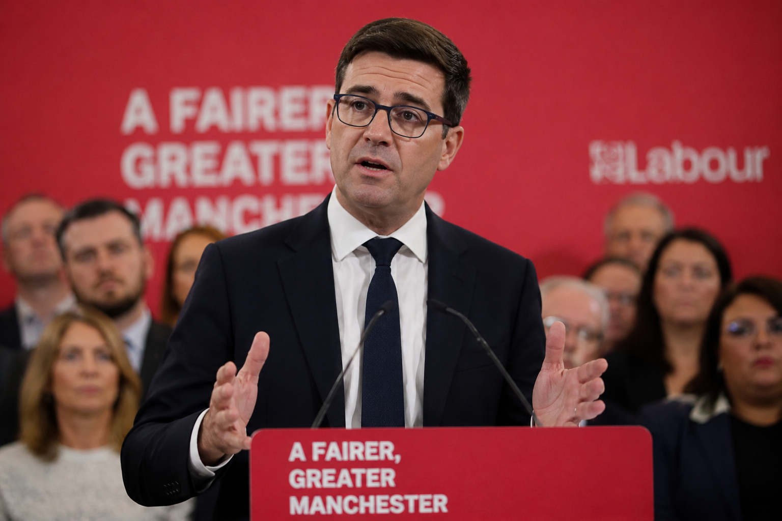 Andy Burnham pronunciando un discurso después de ser confirmado como líder del Partido Laborista del Reino Unido.