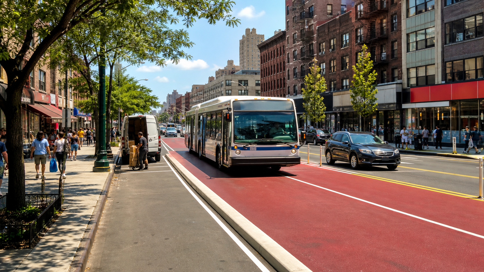Autobús urbano genérico circula por un nuevo carril rojo desplazado en una calle comercial del Bronx.