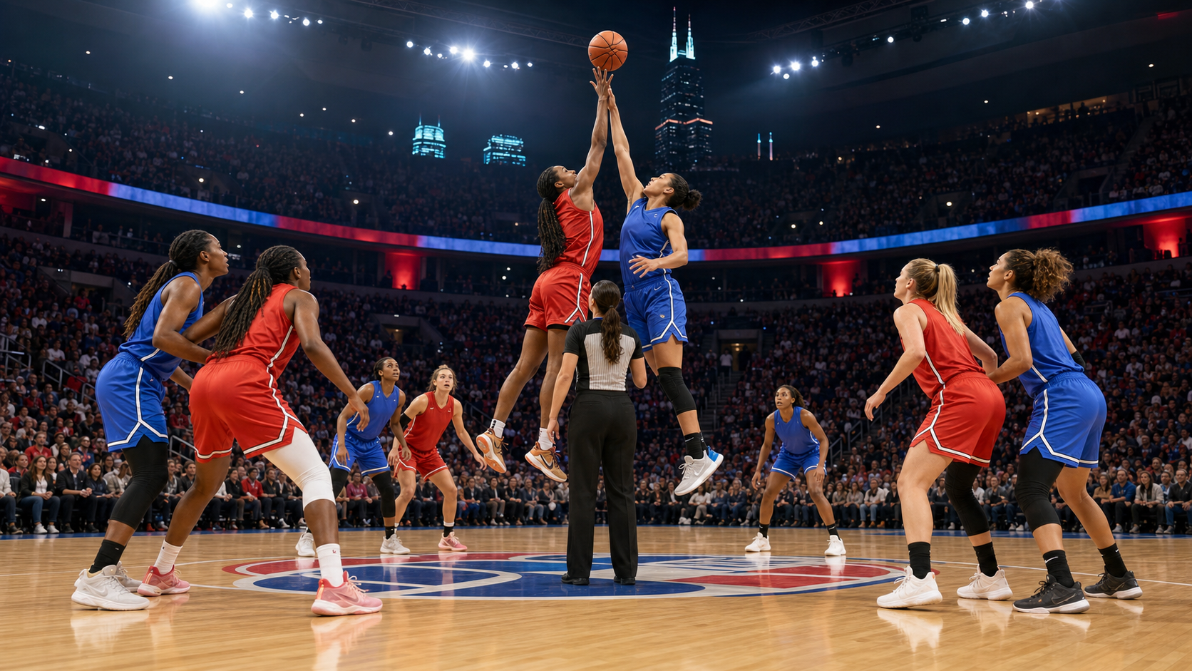 Editorial illustration of women basketball players opening an all-star game in a packed Chicago arena.