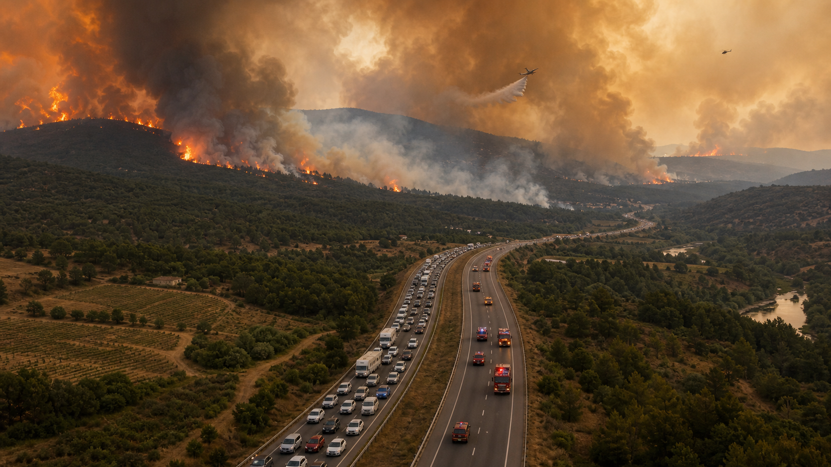 Editorial illustration of wildfire evacuation traffic and emergency vehicles in a smoke-covered European landscape.