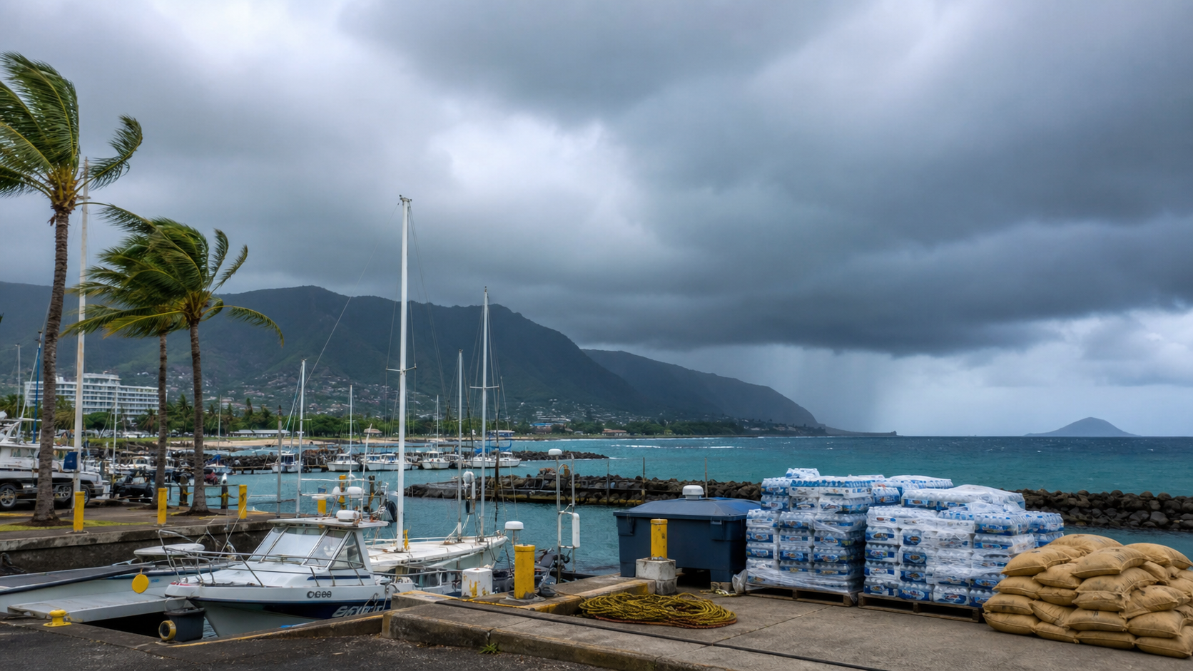 A Hawaii harbor secures boats and emergency supplies beneath approaching storm clouds.