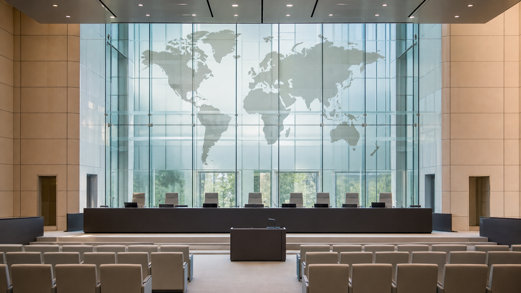Illustrative view of an empty international courtroom during a leadership transition.