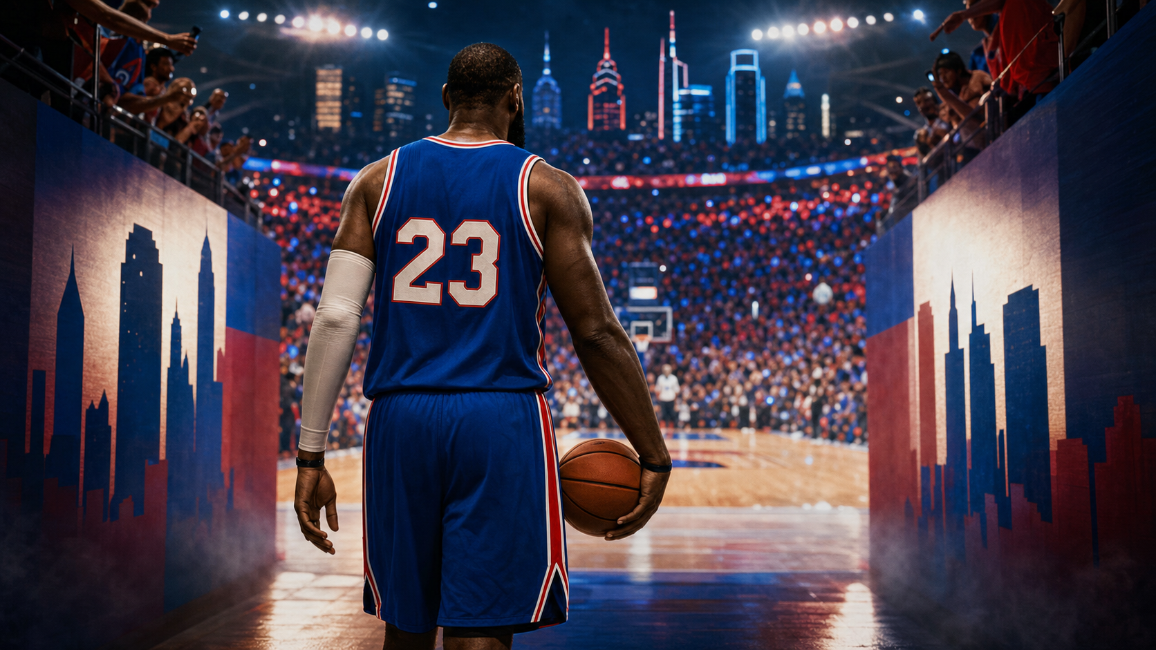 Veteran basketball star wearing a generic blue number 23 jersey enters a Philadelphia-colored arena.
