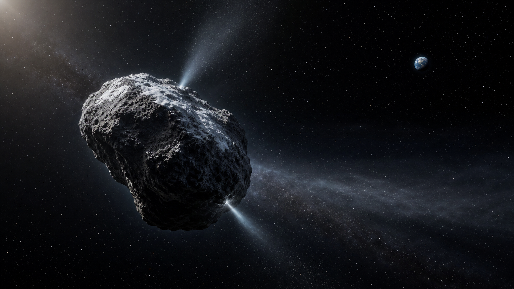 Editorial illustration of the dark comet P/1998 SH2 venting faint gas with Earth safely in the distance.