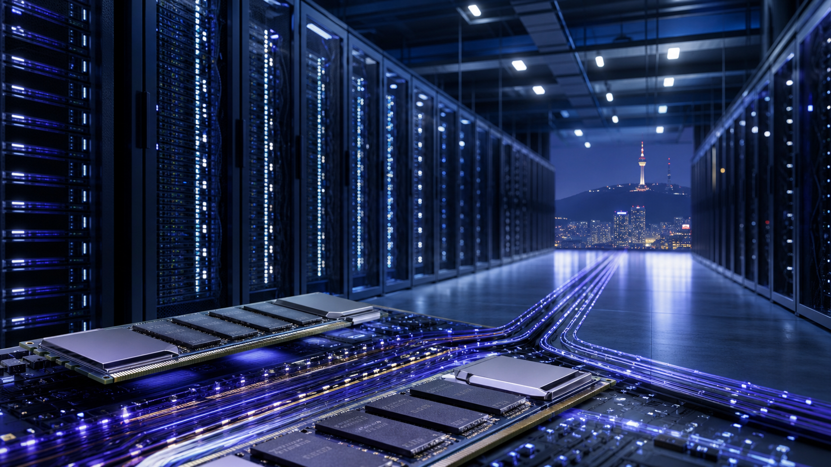 Illustrative AI data center and high-bandwidth memory infrastructure in South Korea.
