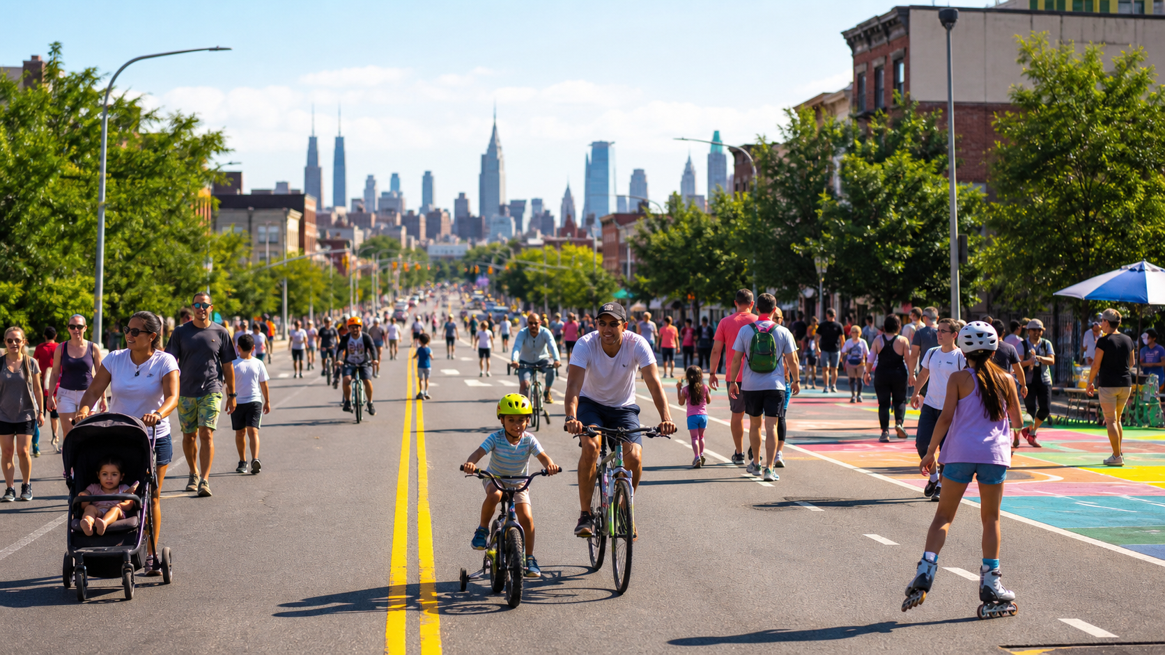 Car-free NYC Summer Streets with families walking and cycling in an illustrative scene.