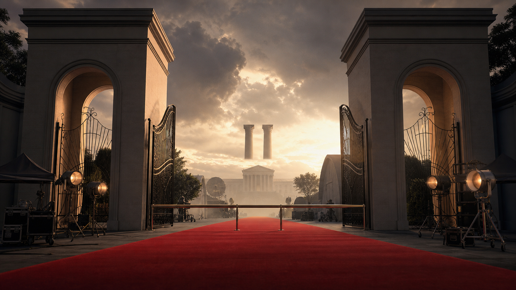 Illustrative Hollywood studio gates and red carpet blocked during an antitrust review.