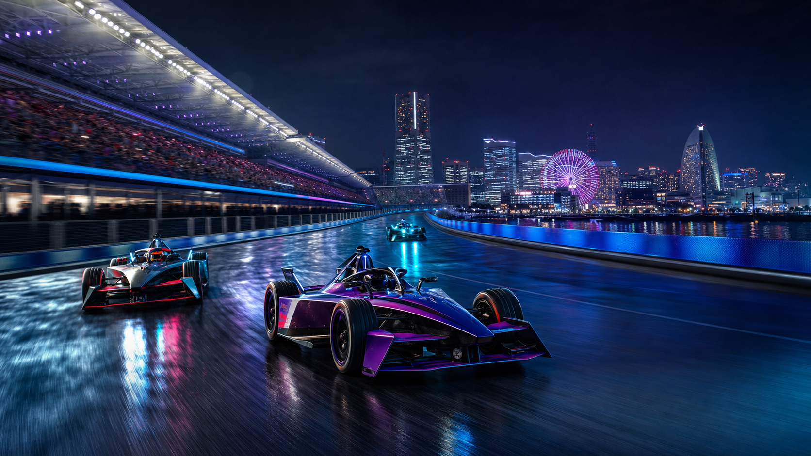 Illustrative electric open-wheel race cars competing at night on a Tokyo waterfront circuit.