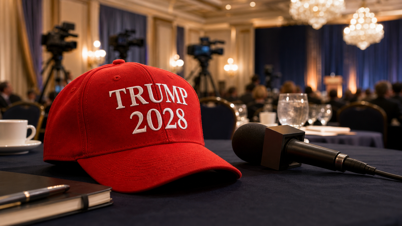 Ilustración editorial de una gorra roja Trump 2028 y un micrófono en un salón formal de cena de prensa.