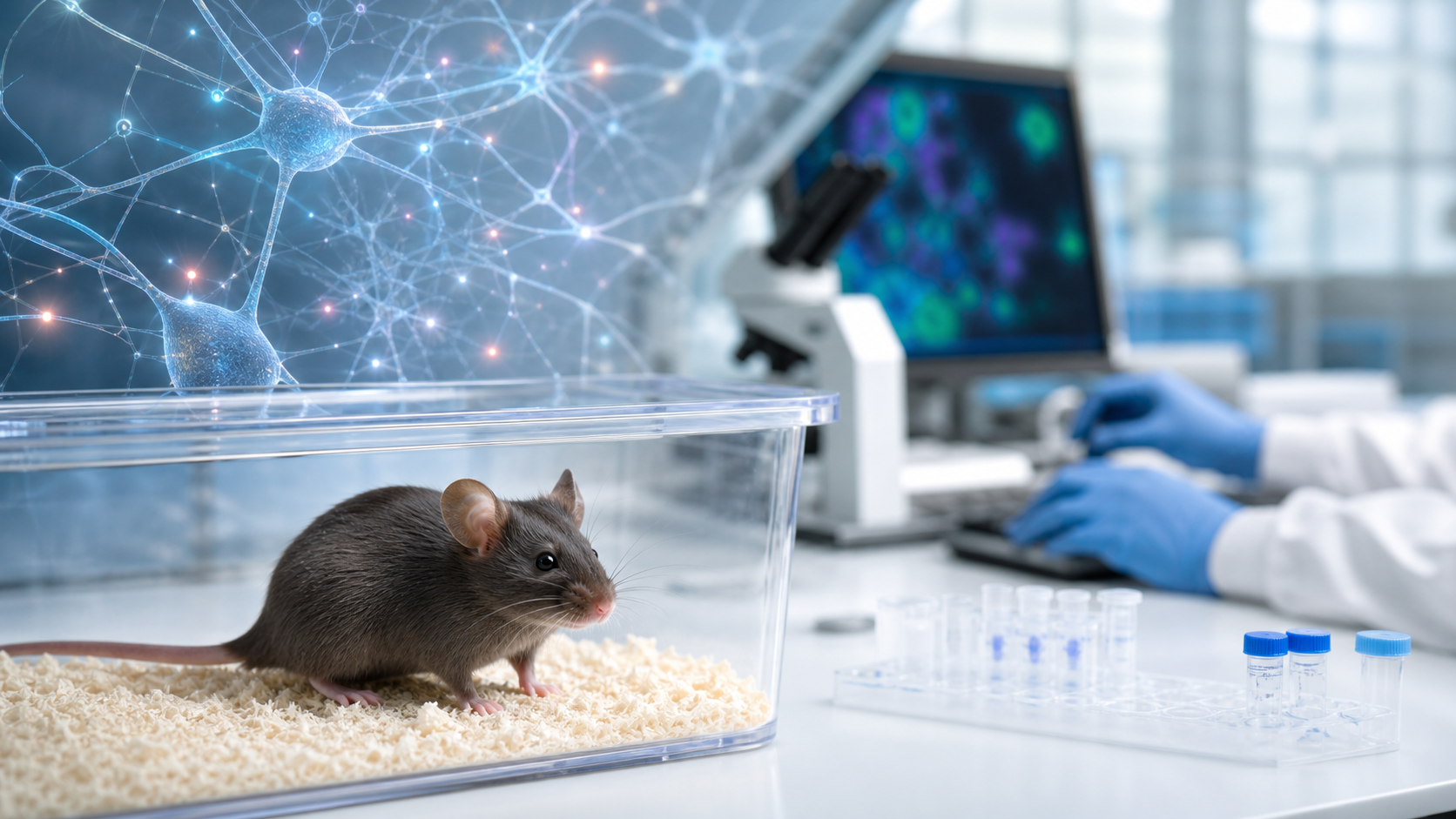 Laboratorio de neurociencia ilustrativo con un ratón y visualización de señalización neuronal.