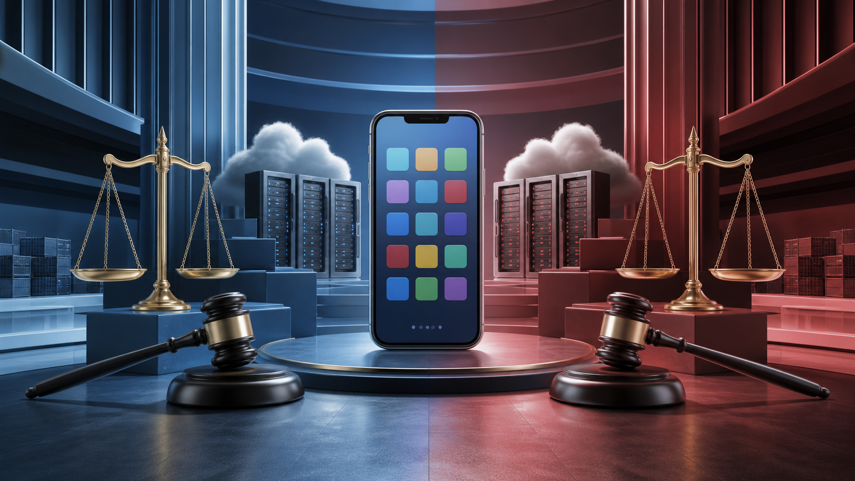 Generic digital platform positioned between two competing regulatory systems and balanced scales.