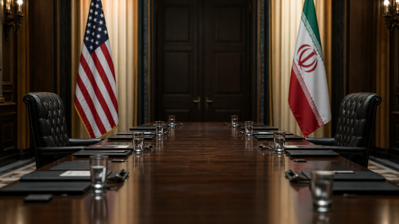 Mesa diplomática ilustrativa con banderas de Estados Unidos e Irán.
