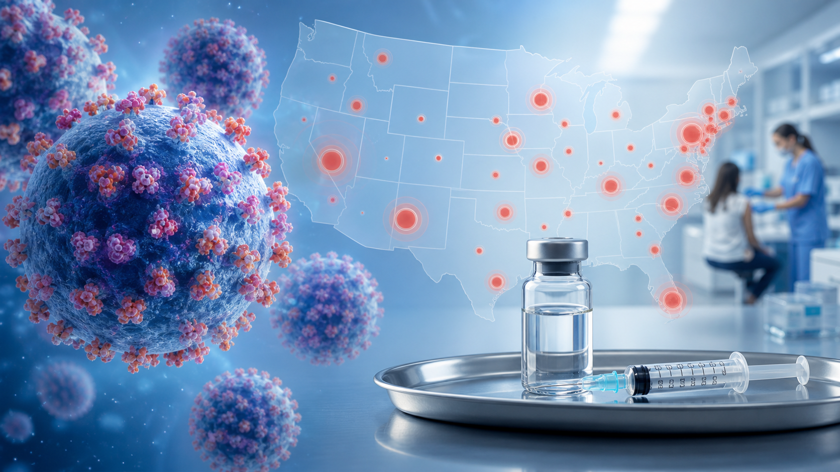 Visualización conceptual del virus del sarampión, vacuna y mapa sanitario de Estados Unidos.