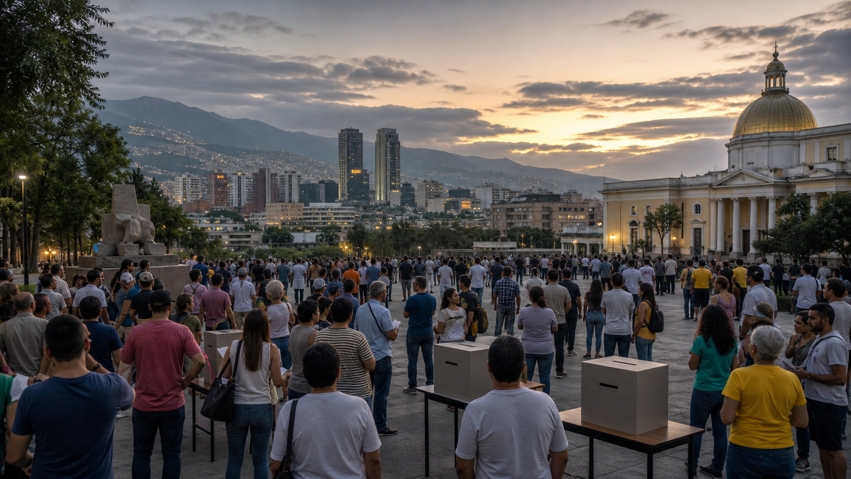 Venezuelan citizens gather in a symbolic civic plaza near ballot boxes at dusk.